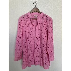 NWOT Lilypod bright pink eyelet blouse long sleeve large women embroidered beach
